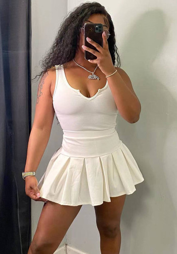 Women's sexy solid color v-neck sleeveless pleated tennis skirt suit