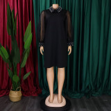 Plus Size African Women Mesh Sleeve Beaded Dress