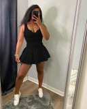 Women's sexy solid color v-neck sleeveless pleated tennis skirt suit