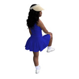 Women's sexy solid color v-neck sleeveless pleated tennis skirt suit