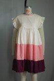 Women's Round Neck Ruffle Sleeve Contrast Patchwork Oversized Swing Dress