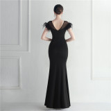 Mesh Beaded + Embellished Feather Star Red Carpet Long Evening Gown