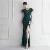 Mesh Beaded + Embellished Feather Star Red Carpet Long Evening Gown
