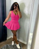 Women's sexy solid color v-neck sleeveless pleated tennis skirt suit