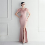 Mesh Beaded + Embellished Feather Star Red Carpet Long Evening Gown