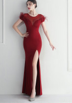 Mesh Beaded + Embellished Feather Star Red Carpet Long Evening Gown