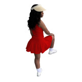 Women's sexy solid color v-neck sleeveless pleated tennis skirt suit