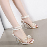Plus Size Women's Shoes Square Toe Wine Glass Heel Pearl Rhinestone Bow High Heel Sandals