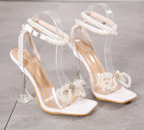 Plus Size Women's Shoes Square Toe Wine Glass Heel Pearl Rhinestone Bow High Heel Sandals