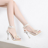 Plus Size Women's Shoes Square Toe Wine Glass Heel Pearl Rhinestone Bow High Heel Sandals