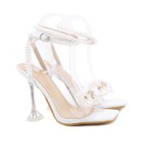Plus Size Women's Shoes Square Toe Wine Glass Heel Pearl Rhinestone Bow High Heel Sandals