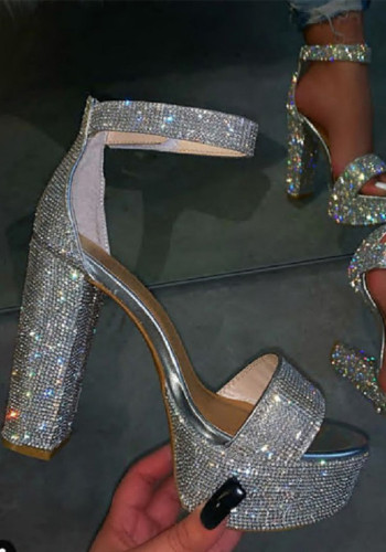 Women Chunky High Heel Rhinestone Strap Sandals