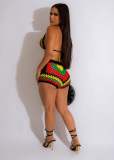 Women Woven Colorblock Beach Swimswear Shorts Two-Piece Set