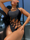 Women bikini Solid Cutout Lace-Up One Piece Swimswear