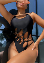 Women bikini Solid Cutout Lace-Up One Piece Swimswear