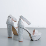 Women Chunky High Heel Rhinestone Strap Sandals