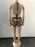 Women Woven Colorblock Beach Swimswear Shorts Two-Piece Set