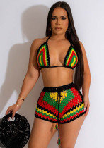 Women Woven Colorblock Beach Swimswear Shorts Two-Piece Set