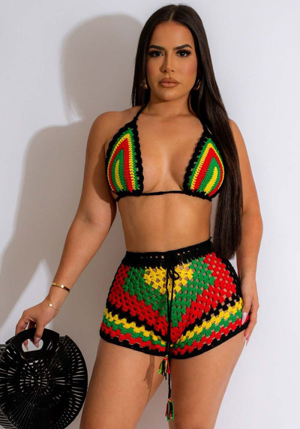 Women Woven Colorblock Beach Swimswear Shorts Two-Piece Set