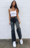 Women Ripped Straight Denim Pants