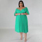 Women's V Neck Hem Pleated Short Sleeves Plus Size Dress
