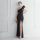 One-Shoulder Slash Shoulder Ruffled Bridesmaid Long Evening Gown