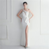 Ruffle Mesh See-Through Hostess Long Formal Evening Gown