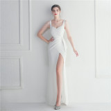 beaded car model bridesmaid show wedding long slit evening dress