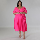 Women's V Neck Hem Pleated Short Sleeves Plus Size Dress