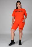 Women's Fashion Letter Ruber Print Solid Round Neck Short Sleeve Shorts Casual Women's Tracksuit