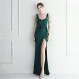 beaded car model bridesmaid show wedding long slit evening dress