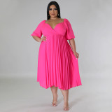 Women's V Neck Hem Pleated Short Sleeves Plus Size Dress