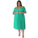 Women's V Neck Hem Pleated Short Sleeves Plus Size Dress