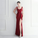 beaded car model bridesmaid show wedding long slit evening dress