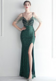 Fashion Red Carpet Formal Bead Chain Sling Long Evening Gown