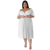 Women's V Neck Hem Pleated Short Sleeves Plus Size Dress