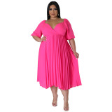Women's V Neck Hem Pleated Short Sleeves Plus Size Dress