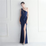 Ruffle Mesh See-Through Hostess Long Formal Evening Gown