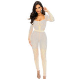 Ladies' Fashion Solid Mesh Beaded Long Sleeve Jumpsuit