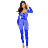 Ladies' Fashion Solid Mesh Beaded Long Sleeve Jumpsuit