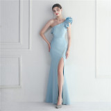One-Shoulder Slash Shoulder Ruffled Bridesmaid Long Evening Gown