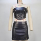 Women's Summer Strapless Low Back Crop Sexy Top Bodycon Slit Skirt Set