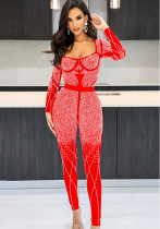 Ladies' Fashion Solid Mesh Beaded Long Sleeve Jumpsuit