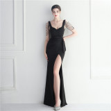 beaded car model bridesmaid show wedding long slit evening dress
