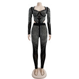 Ladies' Fashion Solid Mesh Beaded Long Sleeve Jumpsuit