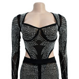 Ladies' Fashion Solid Mesh Beaded Long Sleeve Jumpsuit