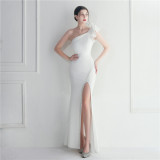 One-Shoulder Slash Shoulder Ruffled Bridesmaid Long Evening Gown