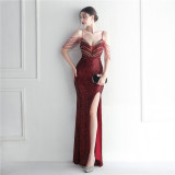 Fashion Red Carpet Formal Bead Chain Sling Long Evening Gown