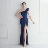 One-Shoulder Slash Shoulder Ruffled Bridesmaid Long Evening Gown