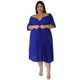 Women's V Neck Hem Pleated Short Sleeves Plus Size Dress